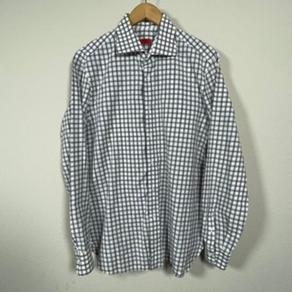 Isaia Napoli Dress Shirt 16/41 Mens Blue White Plaid Italy Luxury Business